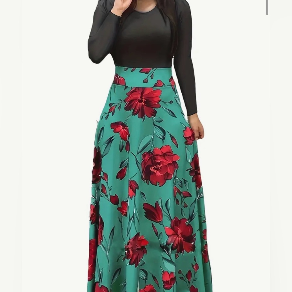 Floral Print Long Sleeve Round Neck Medium Stretch Maxi Dress